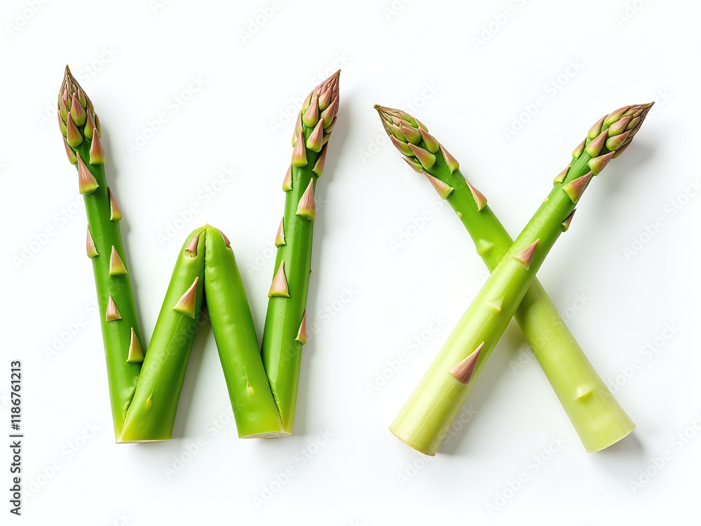 Poster asparagus and garlic letter forms isolated on a white background resemble letters w and x in vegetab