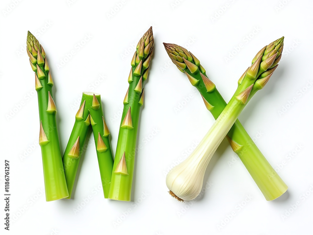 Poster asparagus and garlic letter forms isolated on a white background resemble letters w and x in vegetab