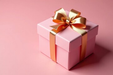 Fototapeta premium Delicate pink gift box wrapped in elegant gold ribbon, bows, paper