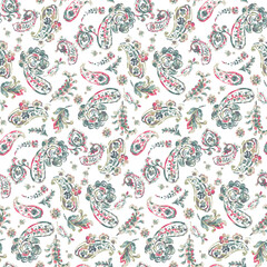 Floral seamless pattern with paisley ornament. Vector illustration in asian textile style
