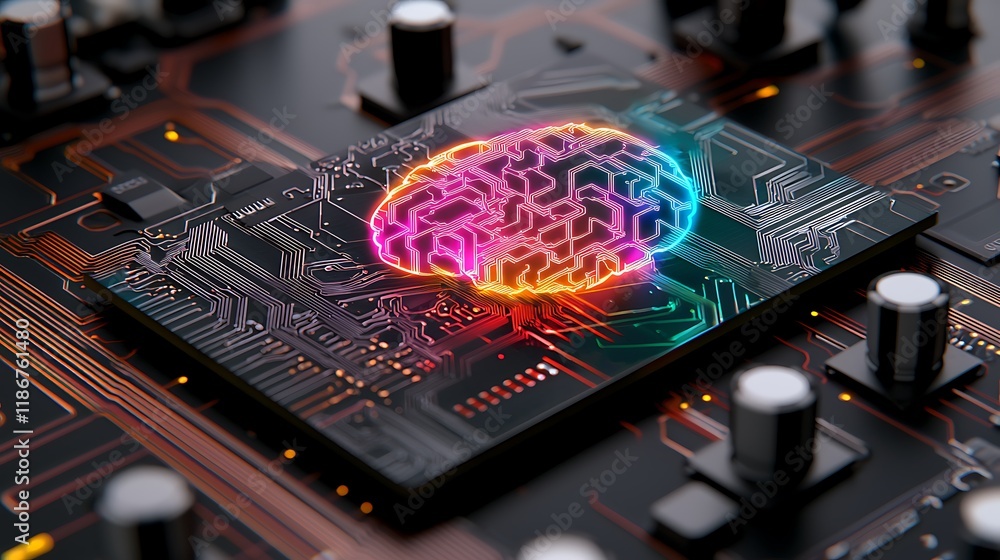 Poster abstract digital representation of the human brain on a circuit board, showcasing the fusion of tech