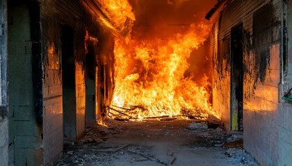 A gloomy scene of a fire breaking out in an abandoned building, flames spreading through the cracks in windows and doors