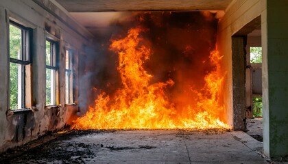 A gloomy scene of a fire breaking out in an abandoned building, flames spreading through the cracks in windows and doors