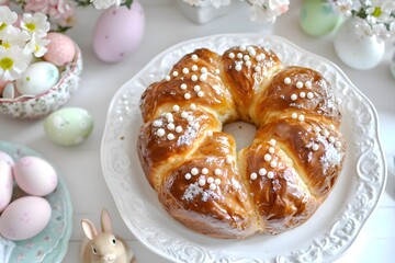 Close-up of braided Easter bread with sugar pearls, pastel eggs, and d&eacute;cor
