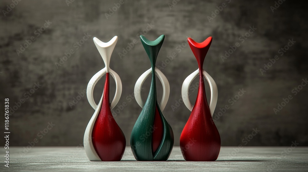 Poster three colorful cat shaped vases are standing on a table against a gray wall, creating a modern and a