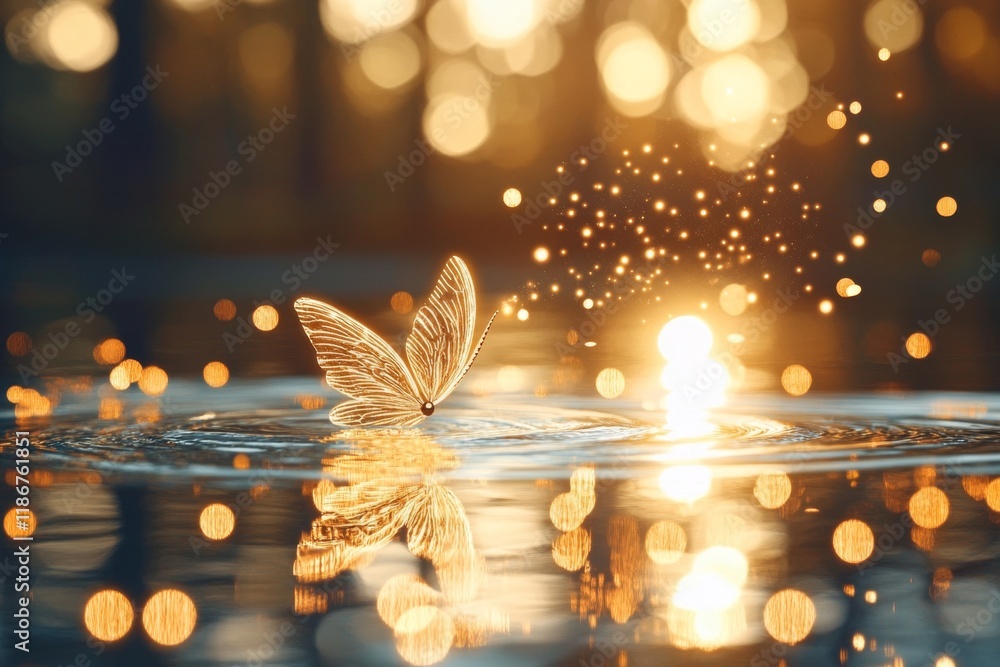 Poster a close-up of a unicorn horn glowing as it touches the surface of a tranquil pond, creating ripples 