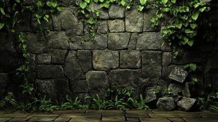 Stone wall with ivy and plants.