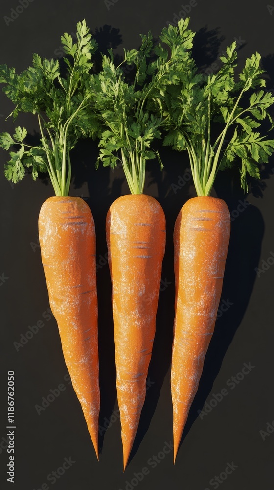 Poster three ripe carrots with green leaves are placed vertically on a dark gray surface, creating a simple