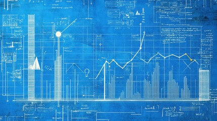 A blueprint illustration combining business growth charts with technology symbols, showing upward movement and expansion illustration