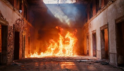 Obraz premium A gloomy scene of a fire breaking out in an abandoned building, flames spreading through the cracks in windows and doors