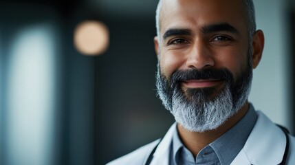 Smiling bearded male Indian doctor wearing medical coat looking at camera. Headshot portrait of ethnic hispanic man medic professional, hospital physician, confident practitioner or surgeon at work.