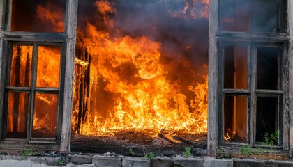 A gloomy scene of a fire breaking out in an abandoned building, flames spreading through the cracks in windows and doors