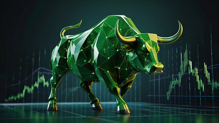 Fototapeta premium Dynamic digital green bull symbolizing stock Bull Market Charge: A powerful bull, symbolizing financial growth and strength, charges forward against a dynamic backdrop of green and gold stock charts, 