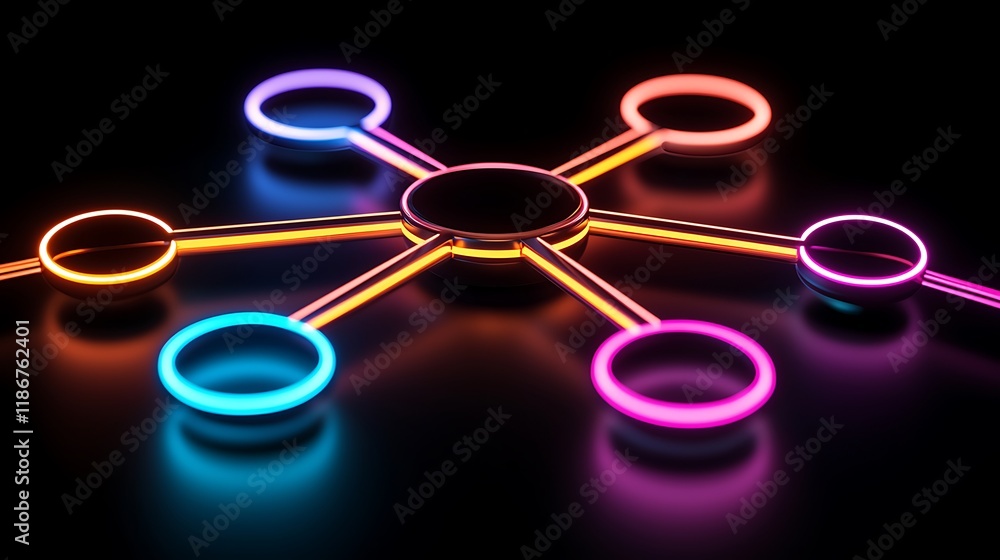 Poster abstract representation of interconnected shapes in neon colors on a dark background, visualizing ne