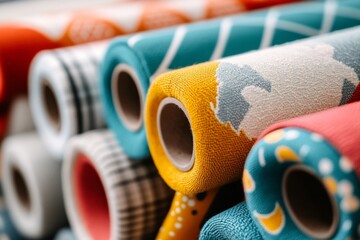 A colorful selection of upholstery fabrics displayed in rolls, with patterns ranging from classic to modern designs
