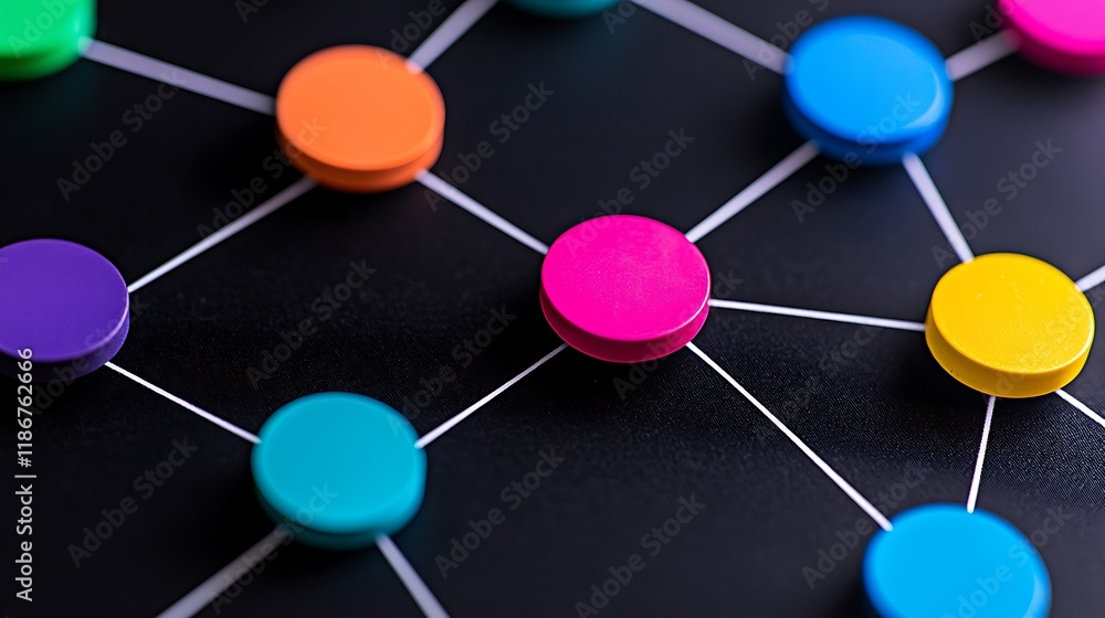Poster abstract representation of interconnected nodes in vibrant colors illustrating relationships and net