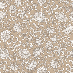 Abstract swirl flowers, paisley pattern, beige and white colors. Seamless floral pattern-572.