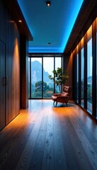 Obraz premium Dark wood floor reflects light from blue ceiling, modern, serene