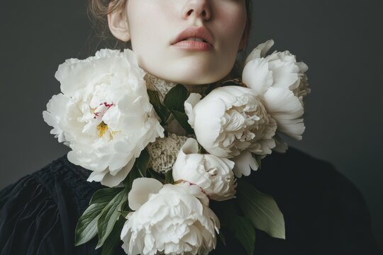 portrait of a beautiful medieval woman in the style of Dutch portraits, instead of a white collar, huge white peonies,