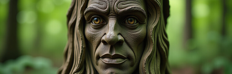 Ancient Face Carved Into A Tree Trunk, Embodying The Spirit Of The Forest With Its Wise And Mysterious Presence. 00001