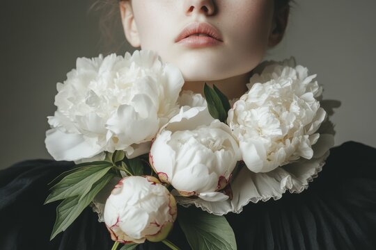 This elegant composition highlights lush white peonies in a classic, timeless style. The soft, delicate petals