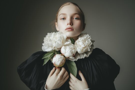portrait of a beautiful medieval woman in the style of Dutch portraits, instead of a white collar, huge white peonies,