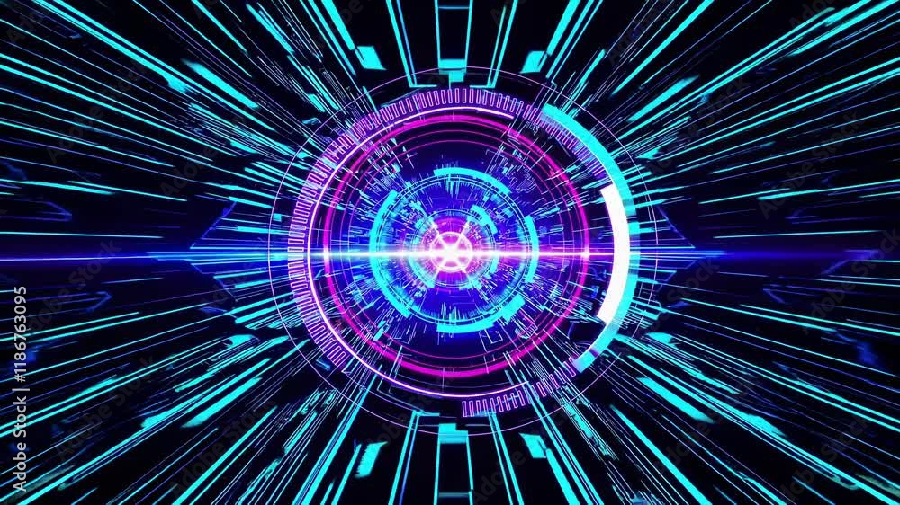 Poster dynamic blue and purple graphic animation with radial lines creating a futuristic effect