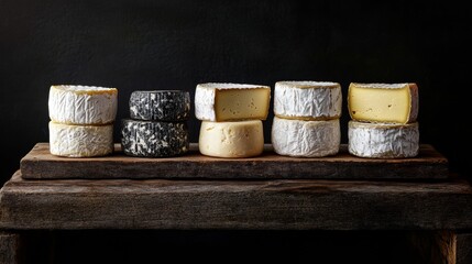 Different cheese wheels stacked on wooden board creating an inviting display of flavors and textures against a dark background