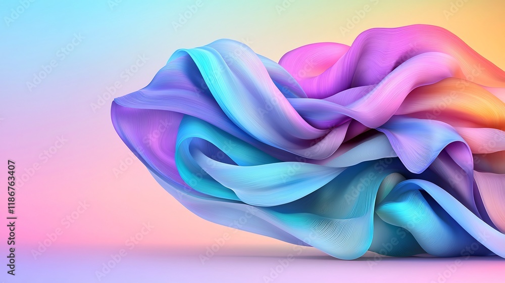 Poster luminous and ethereal digital artwork featuring undulating iridescent ribbons of vibrant azure turqu