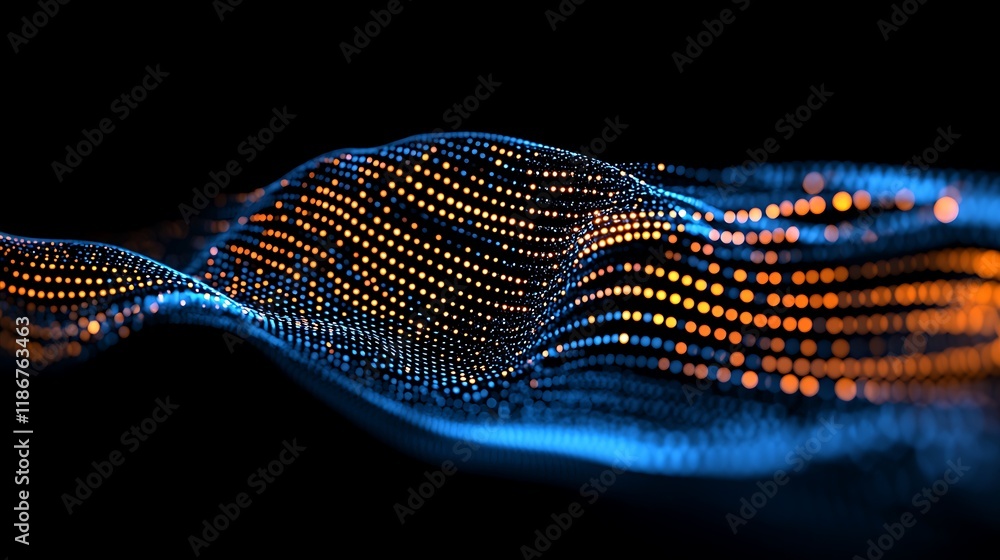 Poster abstract visualization of a global network represented by colorful waves of light and data points in