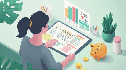 Woman reviewing financial data on tablet, piggy bank, coins, and charts illustrating savings and investments. illustration