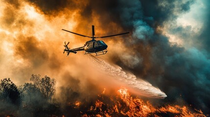 Fototapeta premium Helicopter Fighting Wildfire with Water in Dramatic Sunset Sky