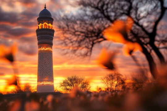 The evening azan echoing from the iconic Minaret of Kalon in Bukhara, with warm lights illuminating the mosque