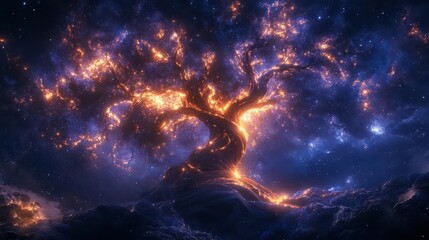 Celestial tree emanates soft glow, cosmic tendrils intertwine