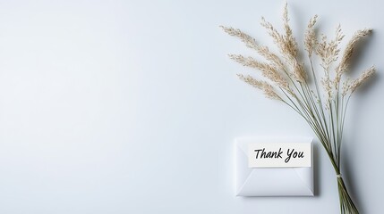 Elegant thank you note with white envelope and dried flowers on a light background.