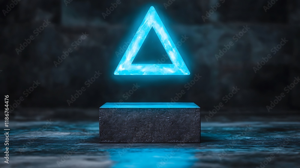 Poster artistic rendering of a floating geometric triangle with a blue glow over a dark background creating