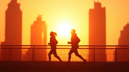 Fototapeta premium Silhouetted Runners at Sunrise Cityscape