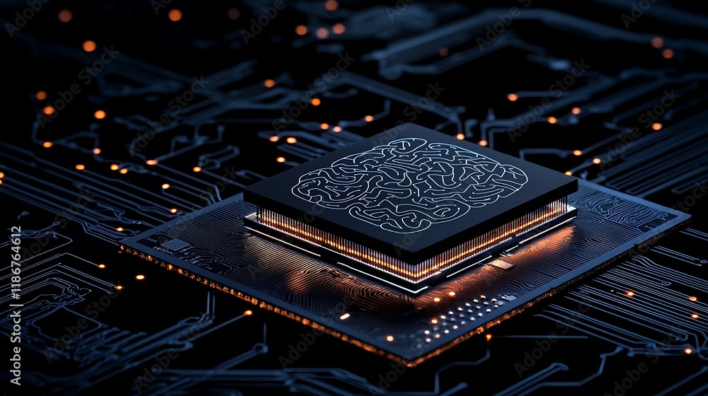Poster artistic rendition of a human brain integrated with a circuit board, capturing the fusion of technol