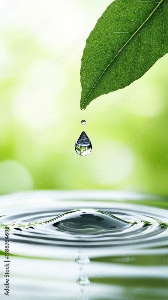 Aufkleber single drop of water falls from a vibrant green leaf, creating concentric ripples on the surface of 