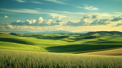 Lush Green Rolling Hills Under a Blue Sky with Fluffy Clouds