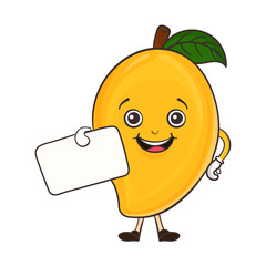 Cute Smiling Mango Character with White Card on White Background.