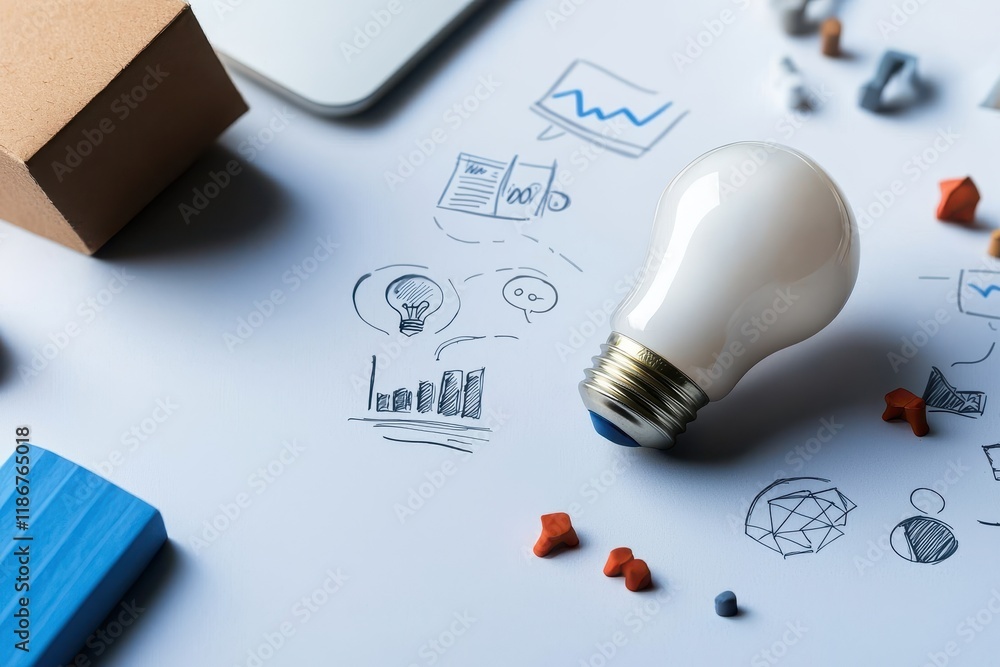 Poster a light bulb rests on a desk covered with sketches and colorful building blocks, symbolizing creativ