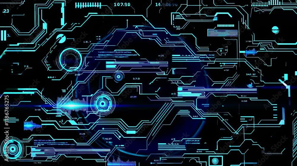 Poster High-tech digital interface displaying data and sound wave visuals in a futuristic setting