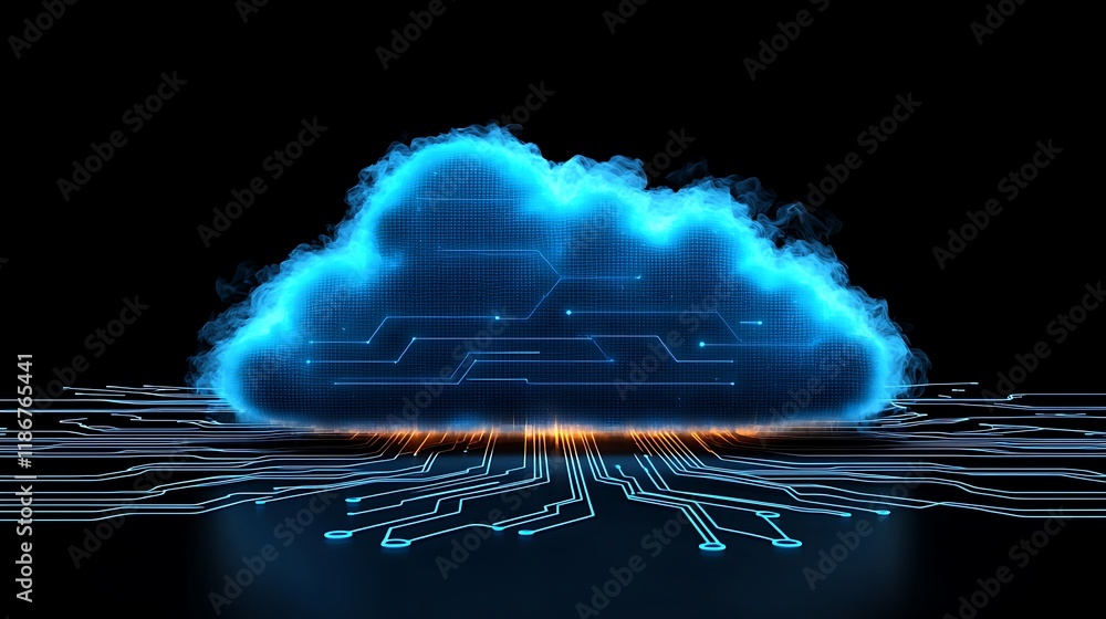 Aufkleber ethereal cloud of holographic particles with digital circuitry in a dark background for futuristic o