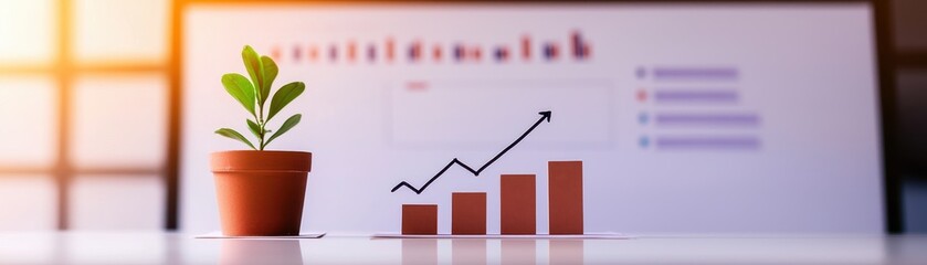 Obraz premium A potted plant sits beside a chart with upward trends, symbolizing growth and progress in business or personal development.
