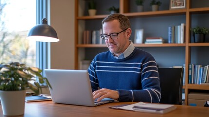 Fototapeta premium Focused and Productive: A man in a blue and white striped sweater, with a focused expression and glasses, sits at his desk, typing on a laptop.
