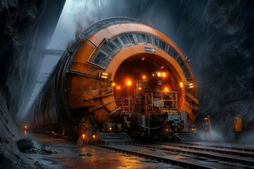 A detailed digital illustration of a subway tunnel under construction, with glowing lights and intricate machinery operating in a dark space