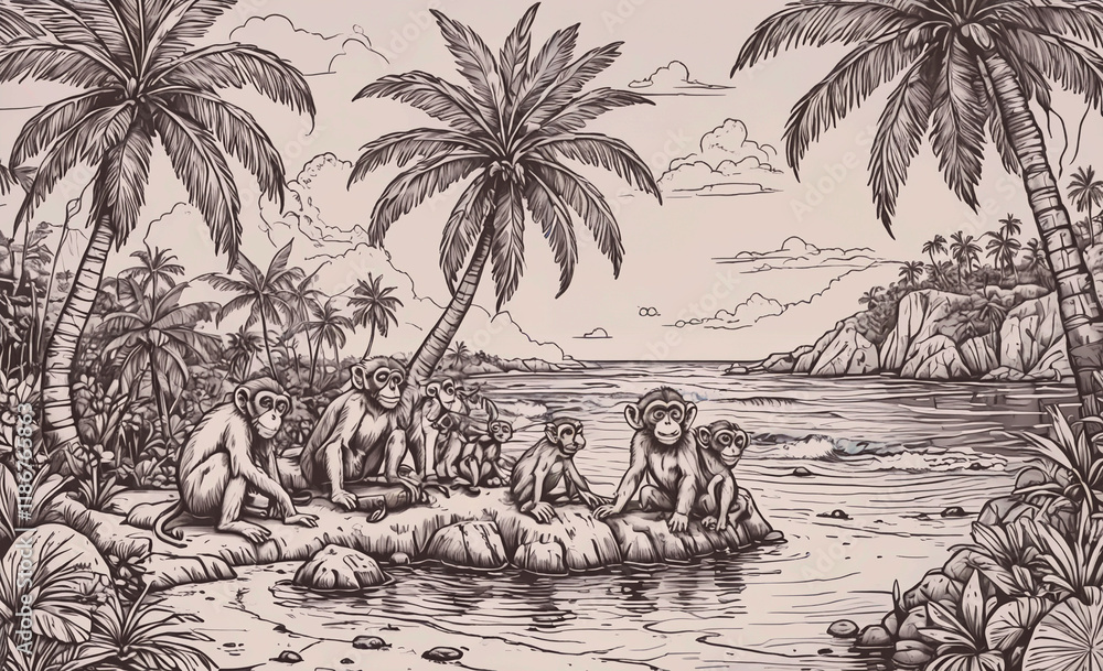Poster Group of monkeys are sitting on a rock near the water. There are five monkeys in total
