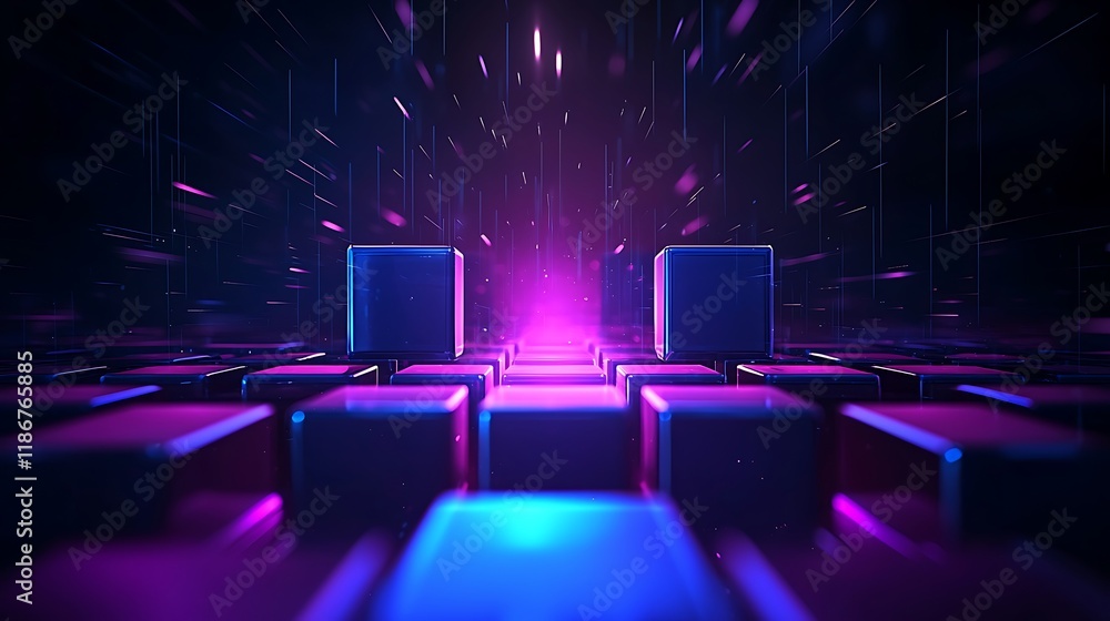 Poster ethereal grid of floating geometric shapes in neon colors with dynamic light and depth effects, crea