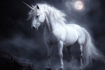 Obraz premium A detailed digital illustration of a unicorn standing on a rocky cliff, with its mane flowing in the wind and the glowing moon in the background
